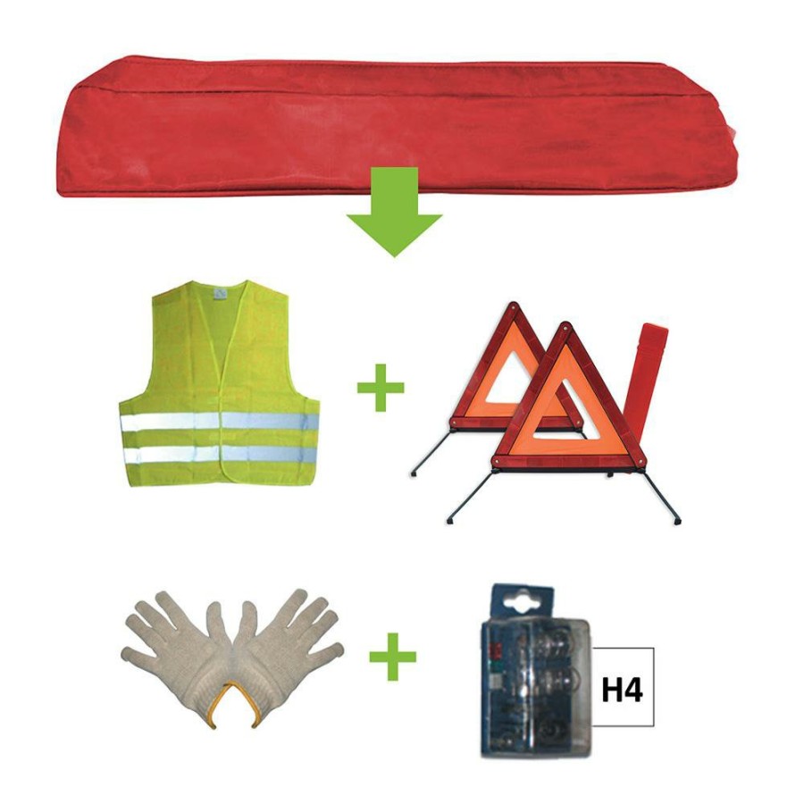 Kit Emergencia Y Seguridad JBM | Kit Emergencia Bolsa Roja + Mk H4 + Chaleco + Triang. + Guantes