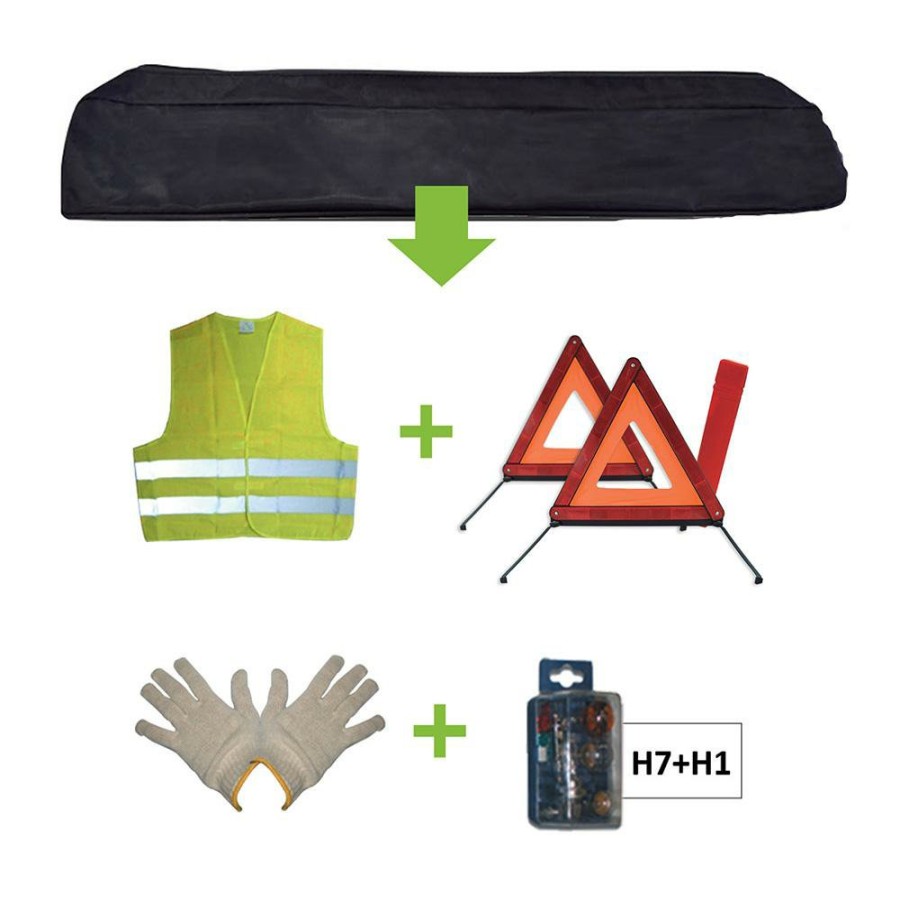 Kit Emergencia Y Seguridad JBM | Kit Emergencia Bolsa Negra + Mk H7+H1 + Chaleco + Triang. + Guantes