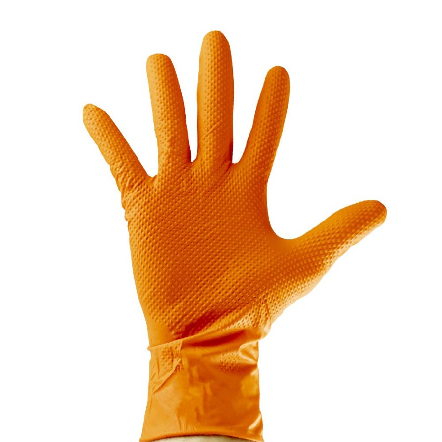 Kit Emergencia Y Seguridad JBM | Guantes Naranjas Desechables De Nitrilo T:Xl 7,0Mil (90 Uds.) Textura Diamante