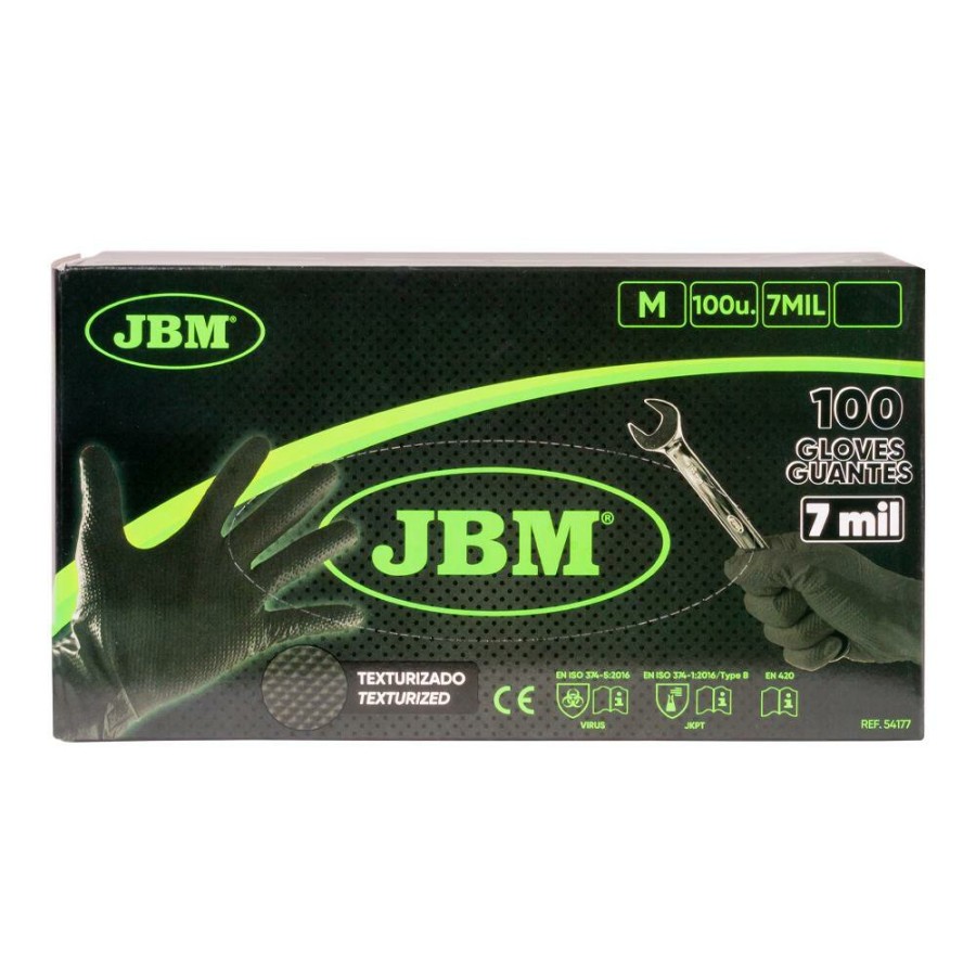 Proteccion Y Seguridad JBM | Guantes Negros Desechables De Nitrilo T:M 7,0Mil (100 Uds.) Textura Diamante