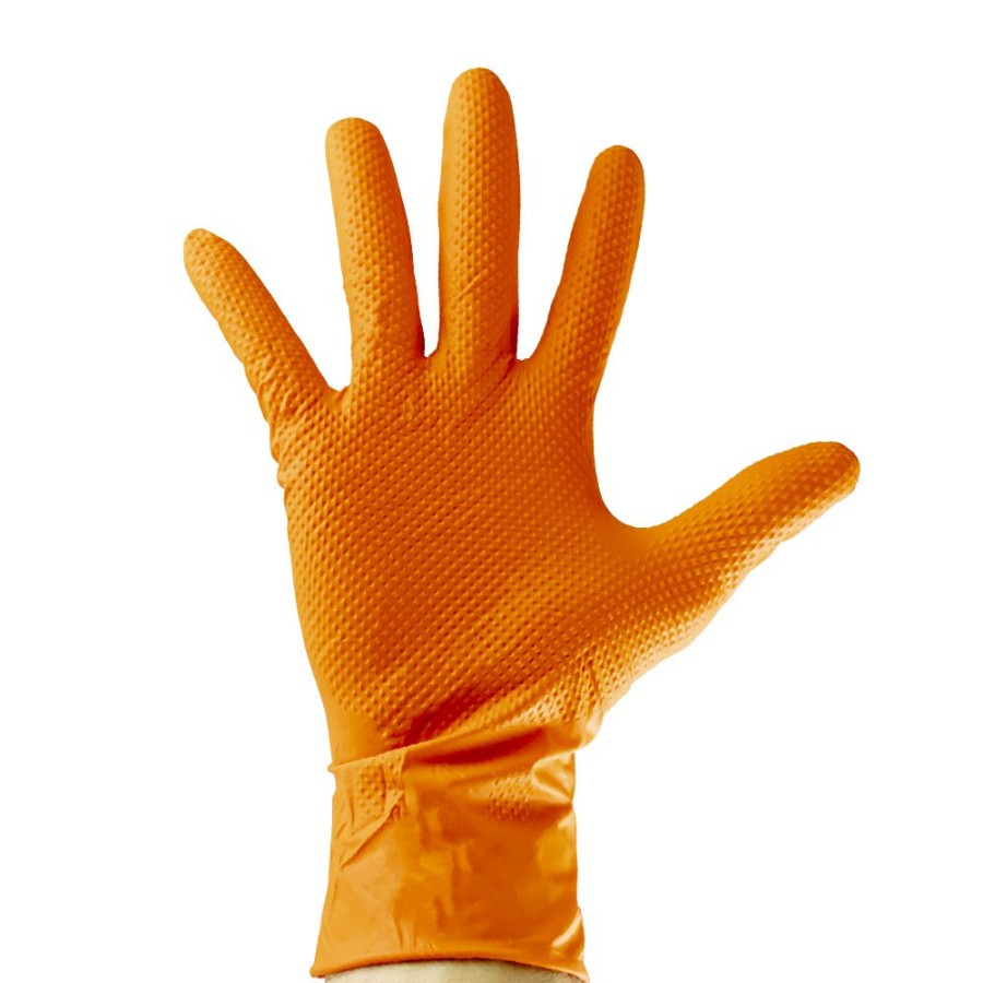 Kit Emergencia Y Seguridad JBM | Guantes Naranjas Desechables De Nitrilo T:M 7,0Mil (100 Uds.) Textura Diamante